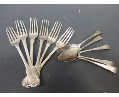 Six George III and later silver dessert forks and a set of five George III teaspoons  