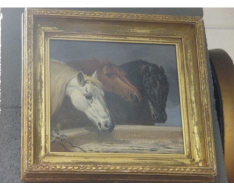 After John Frederick Herring, A Grey horse, a Chestnut horse and a Bay horse at a trough, oil on canvas, 23 x 26cm  Lined.