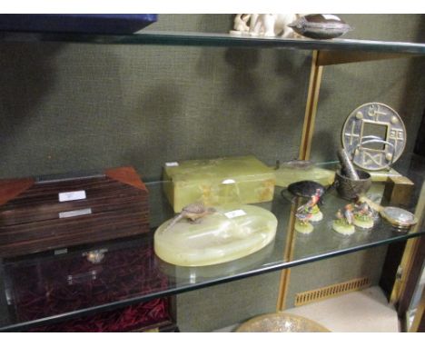 An onyx and silver mounted cigarette box, a wooden bridge box, and a quantity of onyx and cold painted mounted items includin