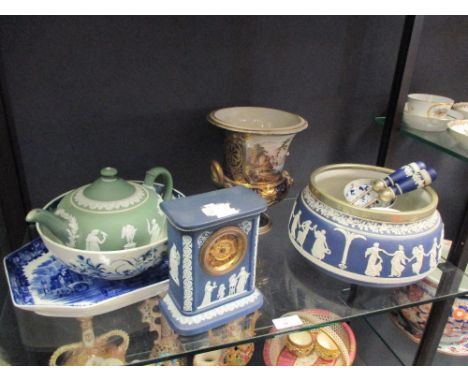 A collection of ceramics to include an Edwardian Wedgwood blue jasperware mantle clock, salad bowl and servers, a late Victor