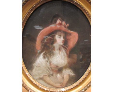 English School, (19th Century), portrait of a lady in a pink hat, pastel, 30cm x 20cm  