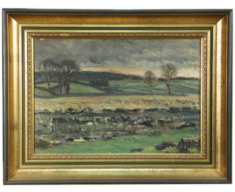 § Reginald Grange Brundrit, RA ROI (British, 1883-1960) Yorkshire landscape oil on board 23 x 34cm (9 x 13in) Reginald Grange