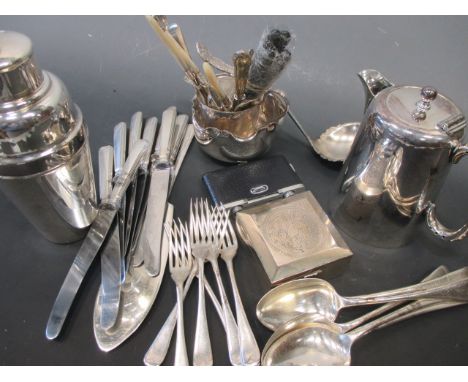Various plated flatware, a hotel type teaset, small Eastern cigarette box, etc  