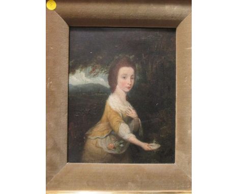 English School (18th Century), Portrait of a young girl holding a bowl in a landscape, oil on canvas, 29 x 22cm  