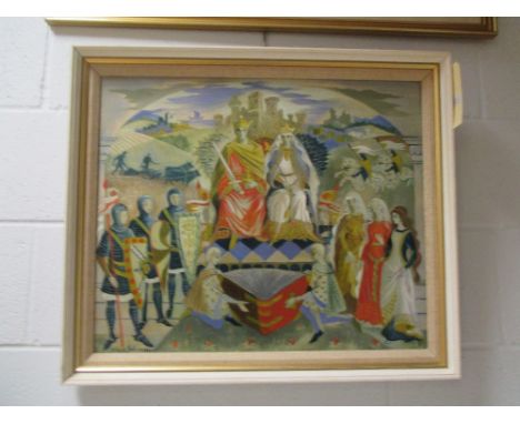 § Olga Lehmann  Domesday, 1086, signed, signed lower left "Olga Lehmann", acrylic on board, 50 x 60cm; and Portrait of Jean V