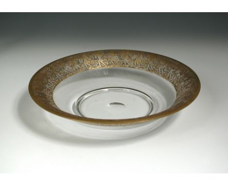 A Moser glass bowl, the rim frieze of warriors in gilt, etched signature, 31.50 diameter  Some light wear to gilding and a fe