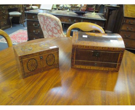 A Georgian tea caddy inlaid with paterae and an early 19th century domed top domed top box with inlaid decoration (a/f)  