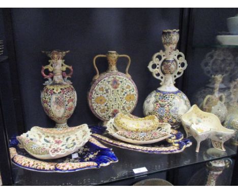 A collection of Zsolnay and Fischer decorative wares, including a moon flask, vases and dishes  