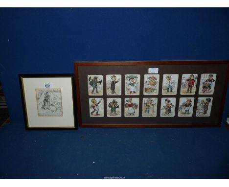 A wooden frame of 14 Victorian "Snap" playing cards and a framed illustration by Harriet Childe.