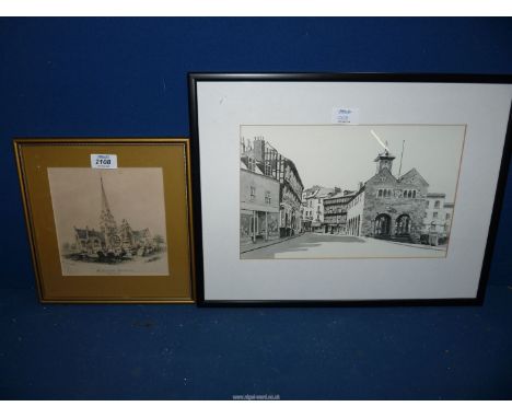 A framed and mounted Watercolour in grey and black tones depicting 'The Old Market House, Ross-on-Wye, signed Kathy Lewis, to