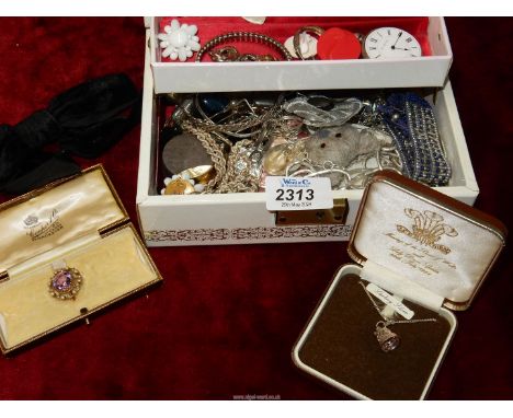 A quantity of costume jewellery, including fine silver pocket watch, as found, stamped silver bangle, clip on earrings, neckl