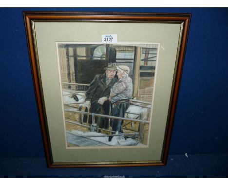 A framed and mounted pastel drawing depicting the sheep pens near the weigh-bridge in the original Abergavenny Livestock Mark