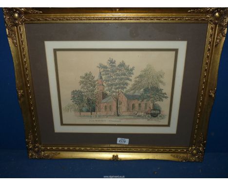A hand-coloured pen and ink sketch on artists' paper of Bruton Parish Church, Williamsburg, Virginia by Jens Bardon Jenson, p