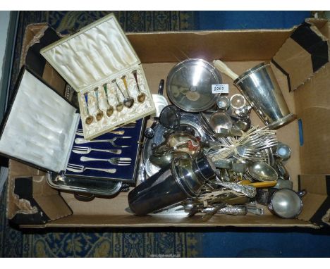 A quantity of plated items including trays,serving dish, cutlery, flask, etc. knife with silver collar.