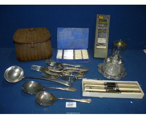 A quantity of metals to include; a 'Dixon' Military ladle, Huntley & Palmers wicker fishing creel shaped tin, boxed knives, F