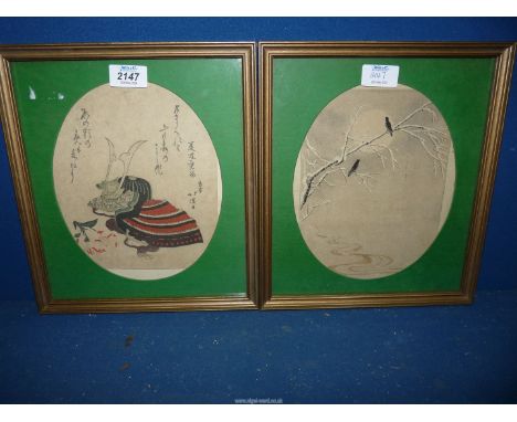 Two framed 19th Century Prints; Hokkie helmet and Birds over stream.