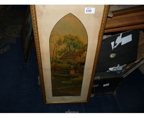A framed and mounted Oleograph of a woman and child on a wooden bridge with a dog playing in the water, no visible signature.
