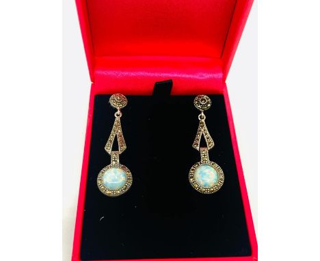 A pair of silver marcasite and opal panelled drop earrings cased