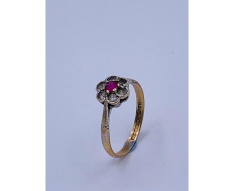 A 9ct gold ring with ruby and diamonds in a daisy style setting.