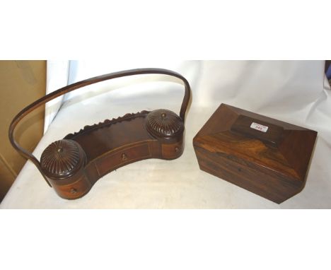 A mid 19th Century rosewood sarcophagus shape Tea Caddy, 10" (26cms) wide and an unusual mahogany two division caddy with loo