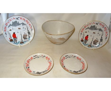 A Studio Pottery Bowl by Iva Polachova.  10" (26cms) diameter, a pair of modern Russian plates decorated with hunting scenes 