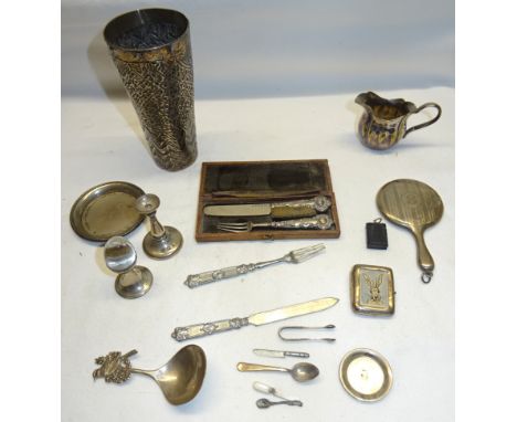 A small 19th Century silver Knife and Fork, cased, a number of miniature dolls house items including silver candlestick, spoo