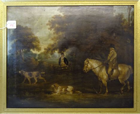 An unsigned 19th Century English School Oil on Canvas of a hunting scene with a figure on horseback, two dogs etc.  16 1/2" (