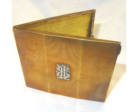 A 14ct. engine turned gold Cigarette Case inset with a white gold monogram, the clasp set with small sapphires, the interior 