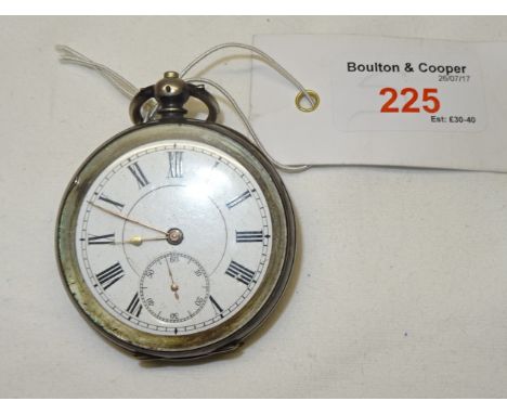 A Swiss open faced Pocket Watch with white dial and subsidiary seconds dial in engine turned silver case.