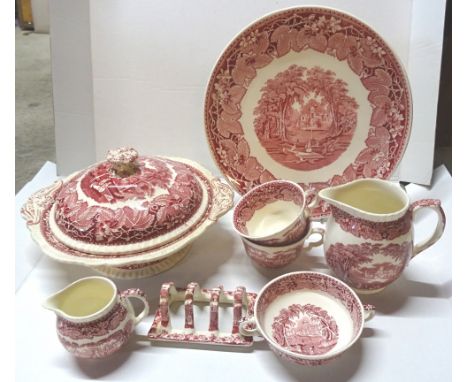 A Masons Ironstone Pink Vista Tea and Dinner service comprising plates in various sizes, two handled soup bowls and stands, v