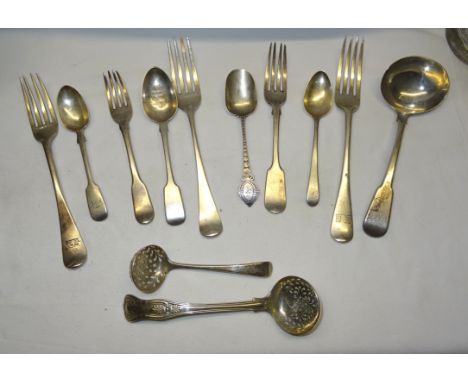 An early Victorian silver Kings pattern Sifting Spoon, London, 1839, a smaller silver sifting spoon, silver fiddle pattern sa