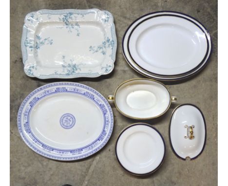 A Spode Copelands china part Service with a blue and gilt border pattern comprising eight plates, two graduated oval meat pla