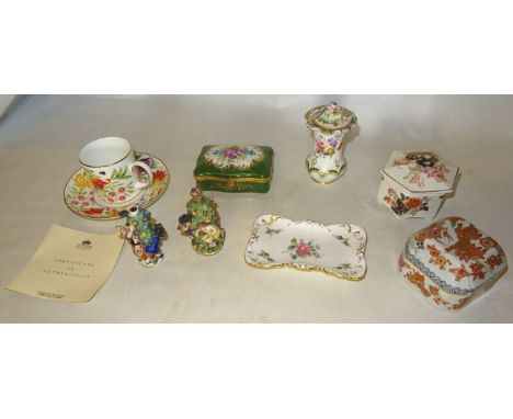 A Limoges Trinket Box and cover painted with flowers on a green ground and with gilt metal mounts, a pair of Continental scen