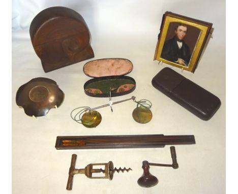 A set of travelling balance Scales, miniature portrait, corkscrew, clock winder and other items. 