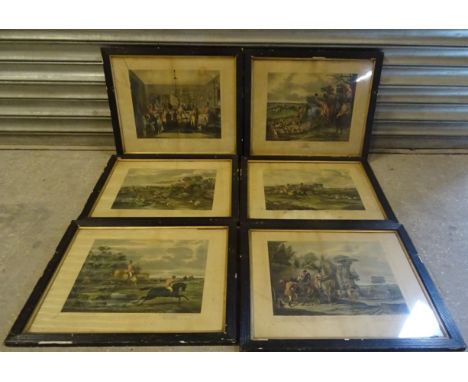 A set of six Bachelors Hall coloured Hunting Prints in reeded ebonised frames.  