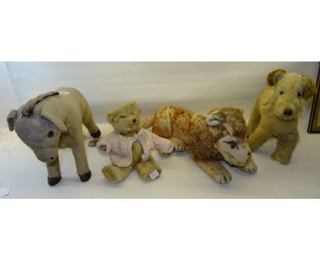 A Merrythought plush covered Toy Dog, a Chiltern toy horse, plush covered small teddy bear and a plush covered lion.