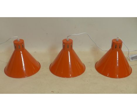 A set of 3 brand-new orange enamelled metal ceiling lights (white enamel interiors) complete with fittings, Shade drop: 24cm 