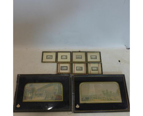 Two colour prints of The Great Exhibition by George Baxter, in black and gilt frames, 15 x 32cm, together with seven framed a