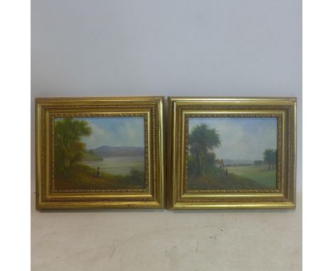 A pair of gilt-framed oil on boards each depicting a female figure within a landscape, signed R. Witchard lower left for both