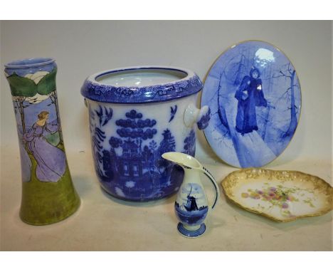 A collection of Doulton to include a 19th century blue &amp; white pot with willows pattern, a Doulton Lambeth Art Nouveau va