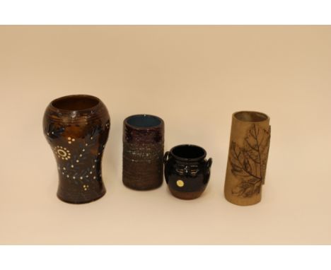 A Laholms Keramix bowl; an Asbogarden pedestal vase; a Swedish 1960's / 70's stoneware cylindrical vase - possibly Tilgmans; 