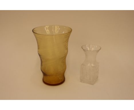 A Whitefriars design glass vase, with stylised motif decoration, 14cm high; and a Latichino style orange tinted glass vase, 2