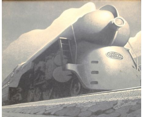 An Art Deco print of a New York Central System train contained in a faux walnut frame