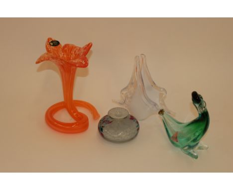 A Mdina coloured glass vase of squat form; a Murano glass figure of a duck; an Italian white crystal orange glass posy vase; 