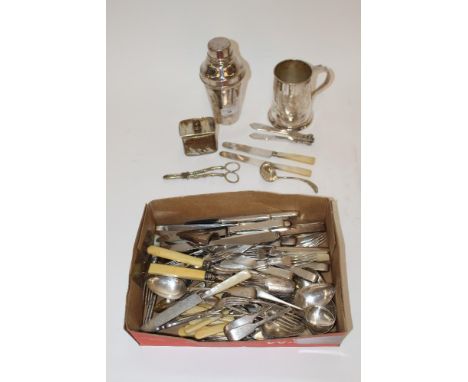 A set of six each Art Deco style plated fish knives and forks; a plated cocktail shaker; various other plated cutlery; tea ca