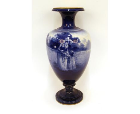 A large Doulton blue and white baluster vase, decorated rural scenes, 58cm