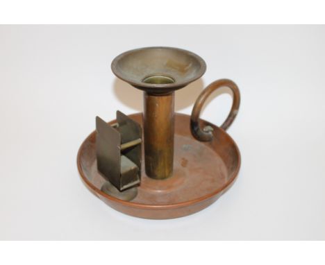 A giant copper and brass chamber stick, complete with match box holder, 21cm high