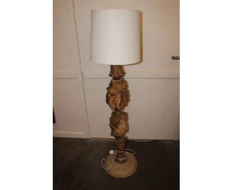 A Bernard Rooke pottery standard lamp with leaf decoration and shade, 152cm high overall 
