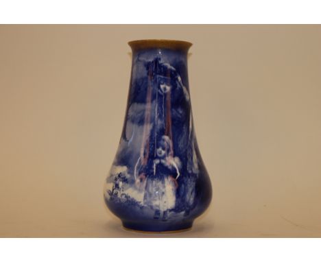 A Doulton blue and white baluster vase decorated children in rural landscapes; and another similar (2)