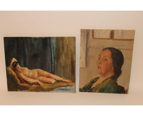 KMH 20th Century school, study of a reclining female nude, initialled oil on canvas, 41cm x 51cm; and a portrait study of lad